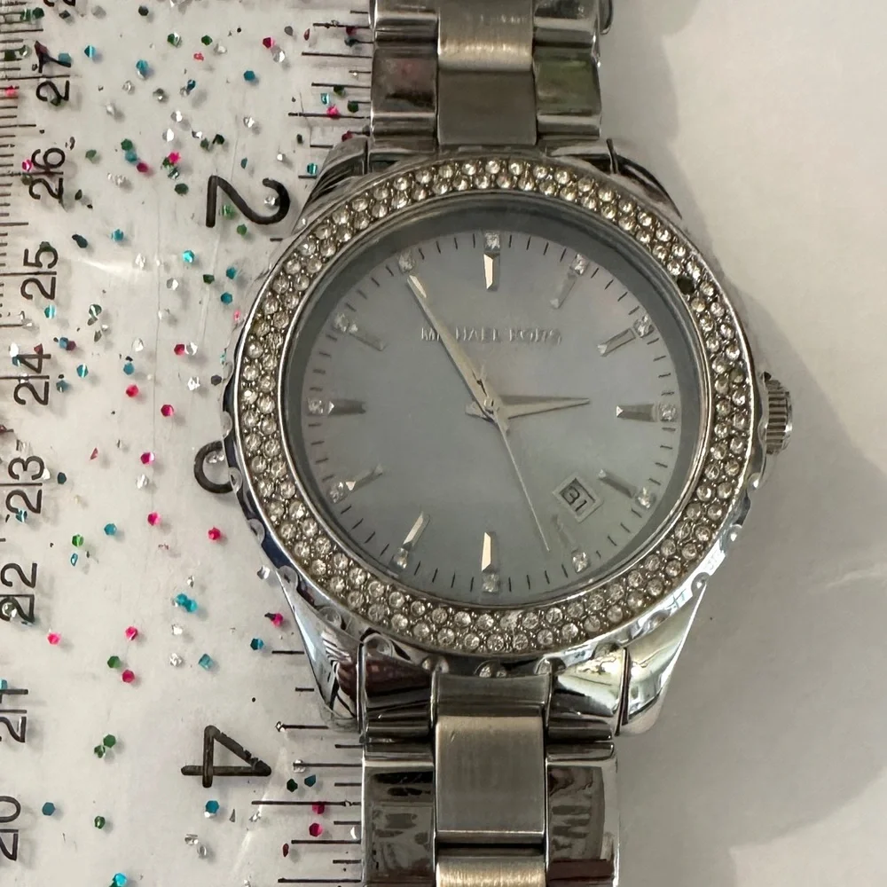 Michael Kors Silver Crystal Bezel Stainless Steel Iridescent Watch Women